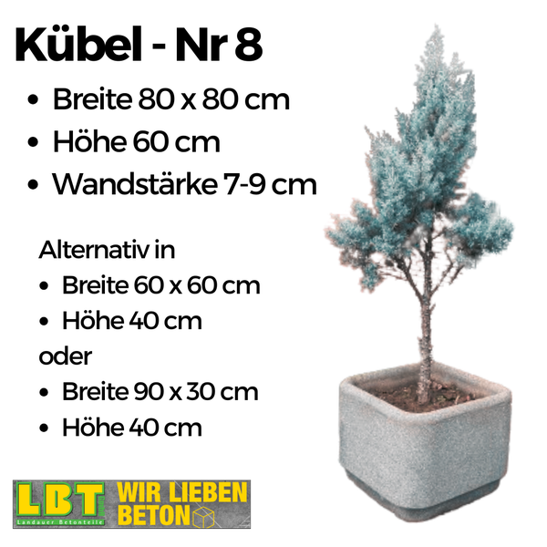 Quadratischer Pflanzkübel Nummer 8 aus Beton mit Baum. Maße 80 mal 80 Zentimeter, Höhe 60 Zentimeter. Landauer Betonteile Logo.