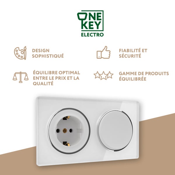 Eine One Key Electro Steckdose mit Lichtschalter kombiniert auf einer Platte, präsentiert mit Markenlogo und Qualitätsvorteilen.