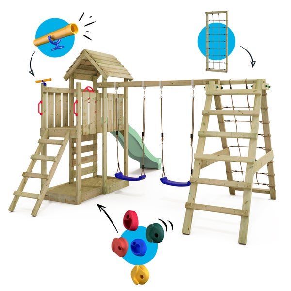 WICKEY Spielturm Klettergerüst RocketFlyer mit Schaukel und Rutsche, Kletterturm mit Sandkasten, Kletteranbau und Spiel-Zubehör – pastellgrün