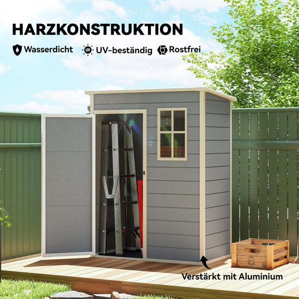 Gartenschrank aus Harz mit geöffneter Tür, wasserdicht, UV-beständig und rostfrei