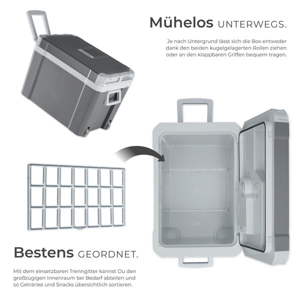 Graue elektrische Kühlbox mit Rollen, Teleskopgriff und herausnehmbarem Trenngitter für das Innenfach. TecTake Logo.