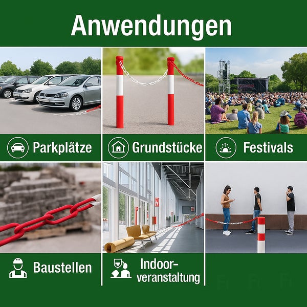 Collage mit Anwendungsbeispielen für Absperrketten und Pfosten auf Parkplätzen, Grundstücken, Festivals, Baustellen und bei Indoor-Veranstaltungen.