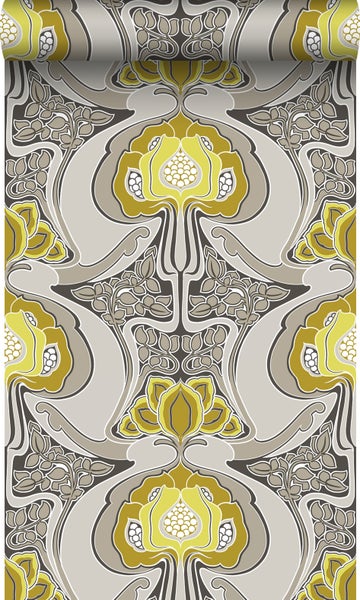 Origin Wallcoverings Tapete Jugendstil-Blumenmuster Ockergelb und Grau - 53 cm x 10,05 m - 347206