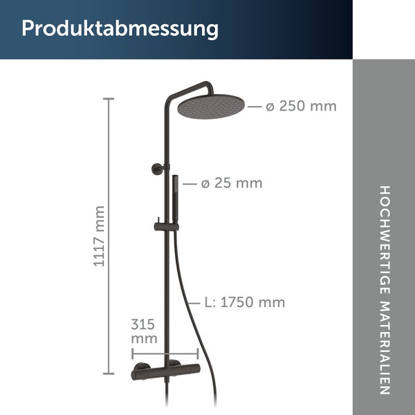 Produktabmessungen der Duschgarnitur mit Kopfbrause und Handbrause