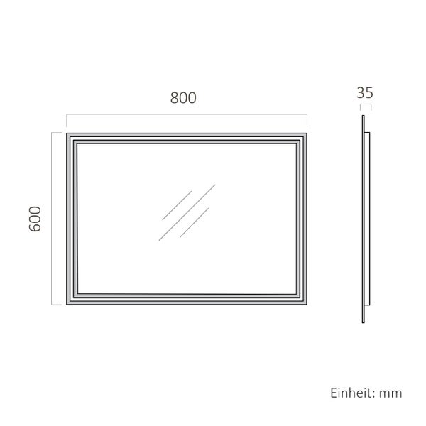 Technische Zeichnung eines rechteckigen Spiegels mit den Maßen: Breite 800 Millimeter, Höhe 600 Millimeter, Tiefe 35 Millimeter.