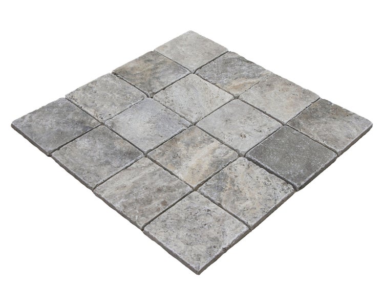 Wohnrausch Travertin Mosaikfliesen SILVER 10 x 10 x 1 cm, getrommelt, grau