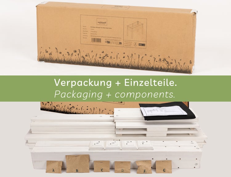 needs&wants® Hochbeet aus Holz für Garten Balkon Terrasse, Pflanzkasten Bausatz rechteckig schmal mit Vlies-Folie, Kräuterbeet Pflanzenkasten deko, 100 x 50 x 75 cm, weiß