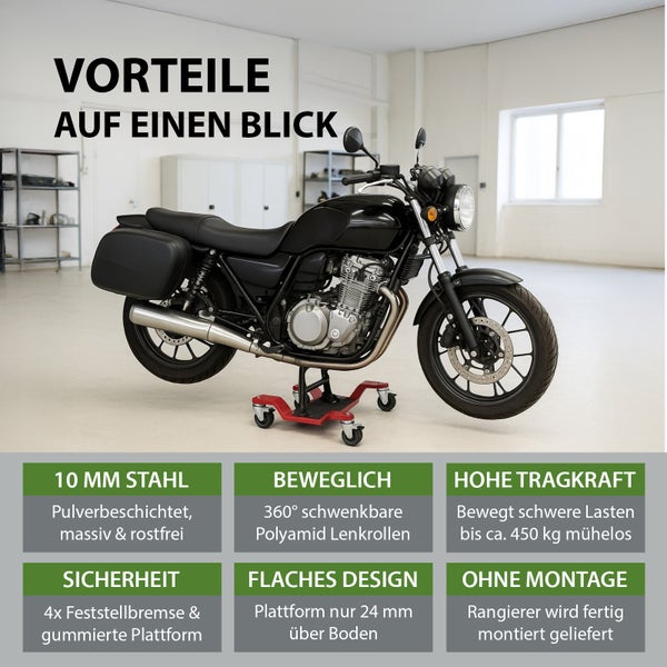 Motorrad auf Rangierhilfe mit Informationen zu Produkteigenschaften