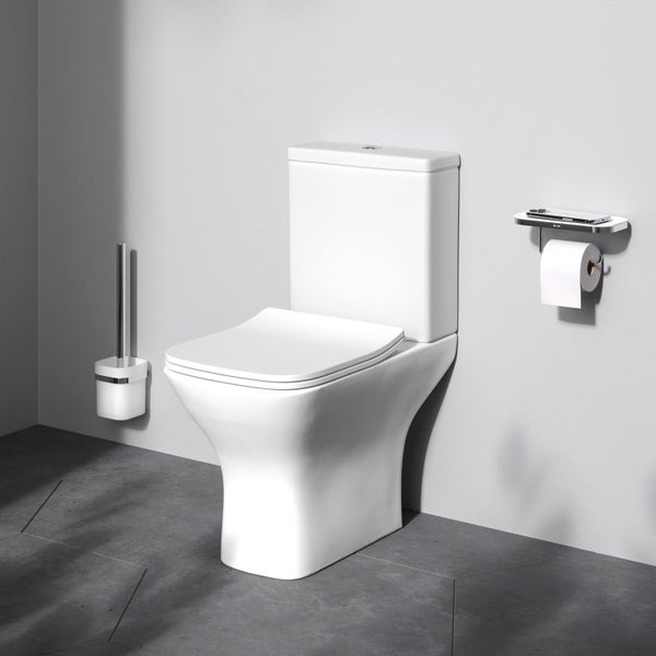 Toilette mit Spülkasten, Toilettenbürste und Papierhalter im Badezimmer