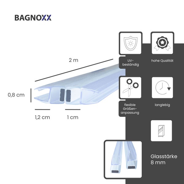 Bagnoxx Logo. Magnetische Duschdichtung, Länge 2 Meter, Höhe 0,8 Zentimeter. UV-beständig, langlebig, flexibel, für 8 Millimeter Glasstärke.