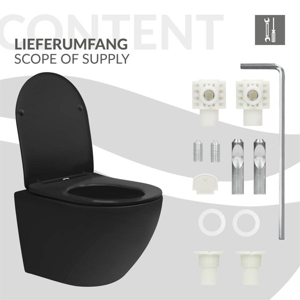 ECD Germany Hänge-WC kurz, spülrandlos mit Nano-Versiegelung, Schwarz matt, Wand-WC mit WC-Sitz abnehmbar aus Duroplast Softclose Absenkautomatik, Tiefspüler Toilette aus Sanitärkeramik, Tiefspül-WC