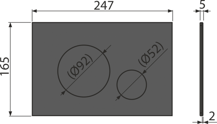 Maßzeichnung einer Betätigungsplatte mit einer Breite von 247 Millimeter, einer Höhe von 165 Millimeter und zwei runden Ausschnitten.