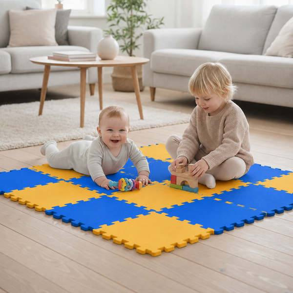Zwei Kinder spielen auf einer weichen Spielmatte aus ineinandergreifenden Puzzleteilen im Wohnzimmer auf dem Boden.