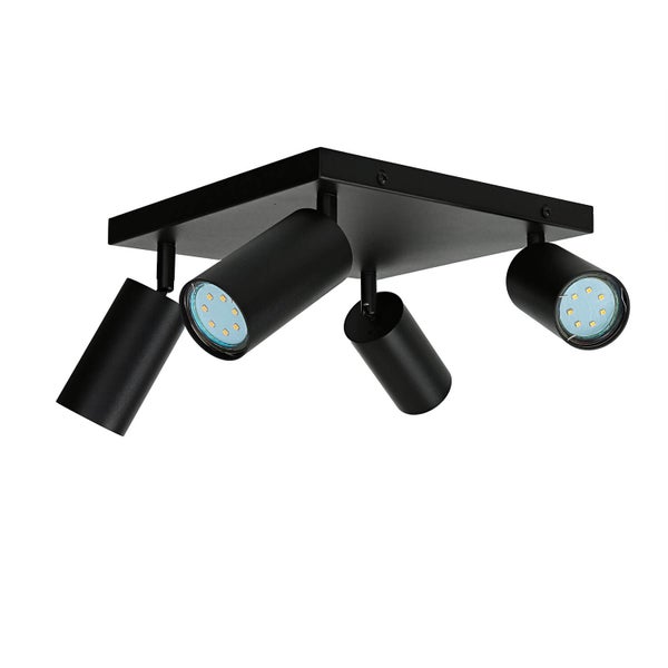 Vierflammiger LED Deckenstrahler mit quadratischer Basis und schwenkbaren Spots aus Metall.