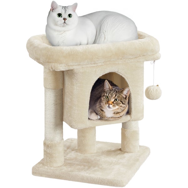 Katzenkratzbaum mit Liegefläche und Katzenhaus mit zwei Katzen