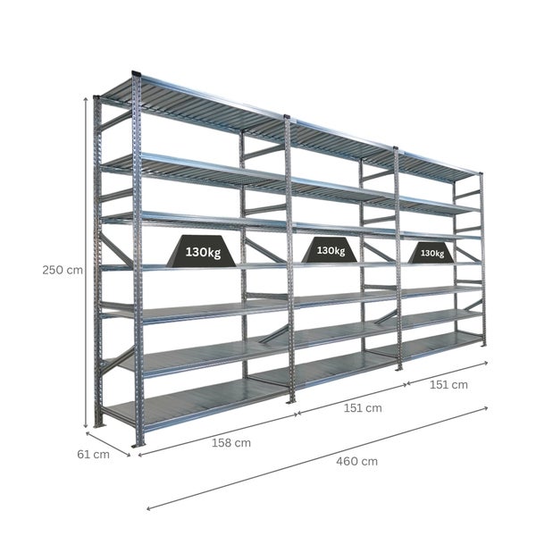 Metallregal mit fünf Ebenen und einer Traglast von 130 Kilogramm pro Ebene