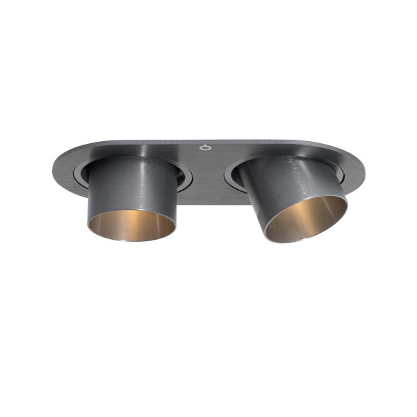 Zweiflammiger Einbaustrahler aus gebürstetem Metall in Anthrazit mit zwei schwenkbaren zylindrischen Spotköpfen.
