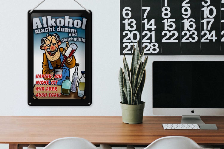 Blechschild Spruch 20x30cm Alkohol macht dumm ist mir egal