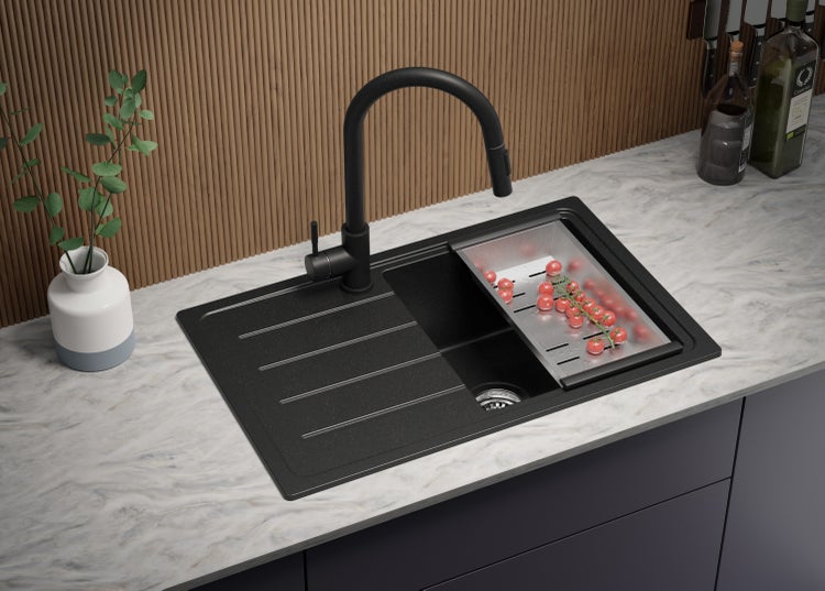 PRIMAGRAN Granitspüle Alles Schwarz 70x44cm, Spülbecken 1 Becken + Küchenarmatur 40x20cm + Ablauf-Set, Küchenspüle ab 45er Unterschrank - Kopenhagen Easy