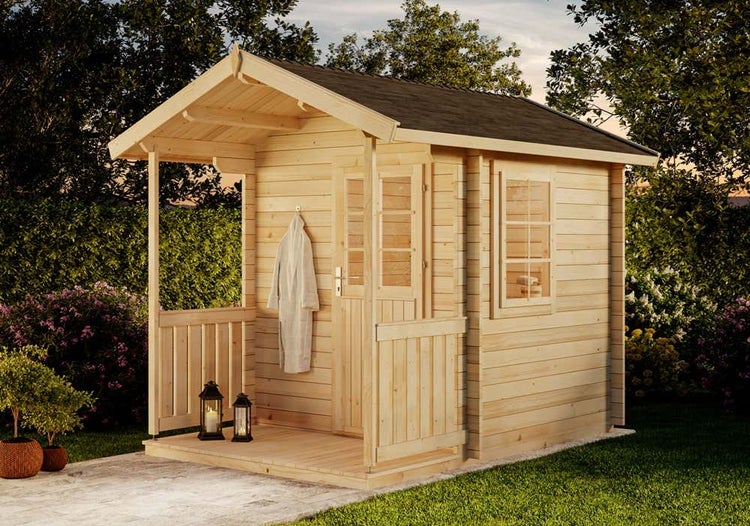 FinnTherm Saunahaus Niklas Gartensauna 2 Sitzbänke aus Holz, Sauna mit 40 mm Wandstärke, Außensauna, Naturbelassen 2,2x2,2m