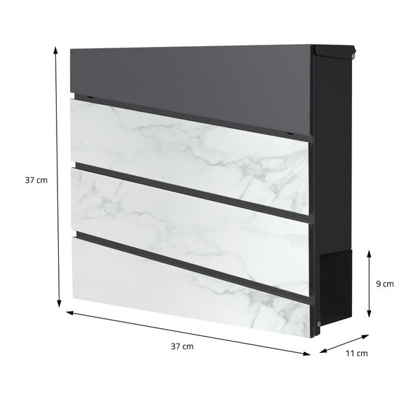 Wandbriefkasten mit Marmor-Optik und Zeitungsfach, Höhe 37 Zentimeter, Breite 37 Zentimeter, Tiefe 11 Zentimeter.
