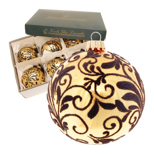 Gold glanz 8cm Glaskugel mundgeblasen und handdekoriert mit beflockter Arabeske (6 Stück), 6 Stck., Weihnachtsbaumkugeln, Christbaumschmuck, Weihnachtsbaumanhänger
