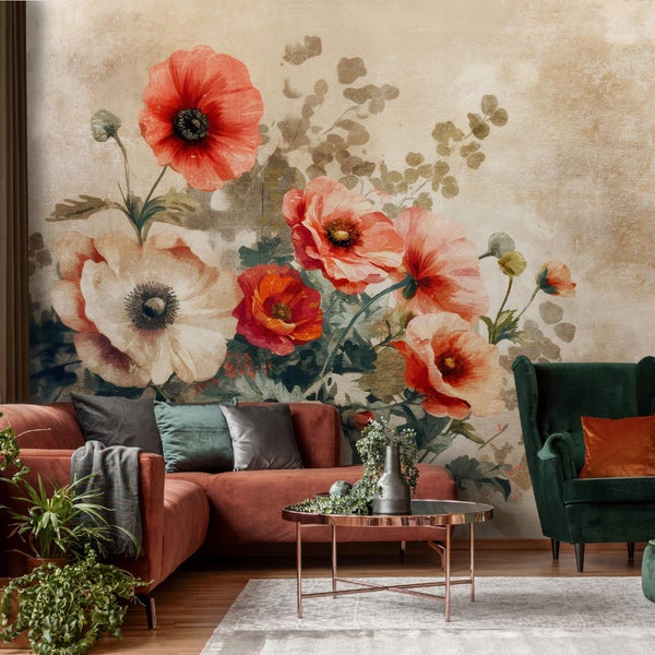 Fototapete Blumen Vintage Betonwand Beige Wohnzimmer Vlies Tapete 400x280 cm