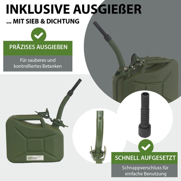Kraftstoffkanister aus Metall mit Ausgießer, Sieb und Dichtung für präzises und sauberes Betanken durch Schnellverschluss.