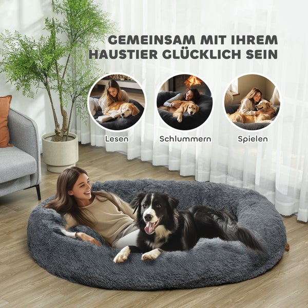 PawHut Hundebett für Menschen Waschbar Katzenbett mit 10 cm dicke Eier-Schaumstoffunterlage, kuschelige Hundekissen mit Haltegriff, 175 x 115 x 35 cm, Plüsch, Dunkelgrau