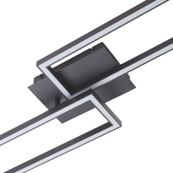 Moderne LED-Deckenleuchte mit schwarzem Metallrahmen und zwei versetzt angeordneten, rechteckigen Leuchtelementen.