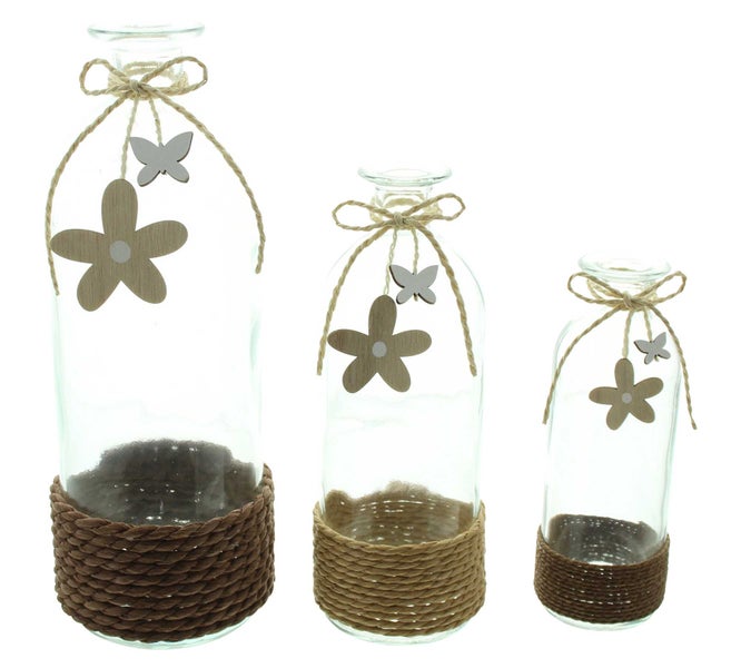 FRANK FLECHTWAREN | Dekovase Blume & Schmetterling, 3er Set, GLAS, HOLZ, SISAL, 5,5 x 5,5 x 16 cm, 7 x 7 x 20 cm, 8 x 8 x 26 cm
