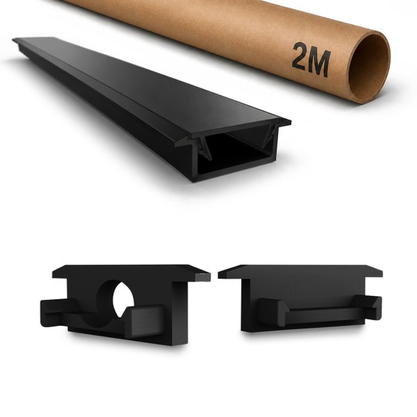 Ein Aluminiumprofil für LED Streifen mit zwei Endkappen und einer Verpackungsrolle in zwei Meter Länge.