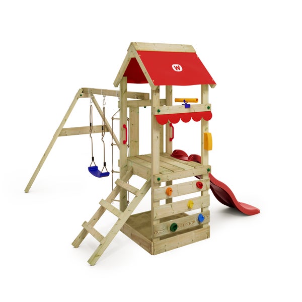 WICKEY Spielturm Klettergerüst FreshFlyer mit Schaukel und Rutsche, Kletterturm mit Sandkasten, Kletterleiter und Spiel-Zubehör - rot