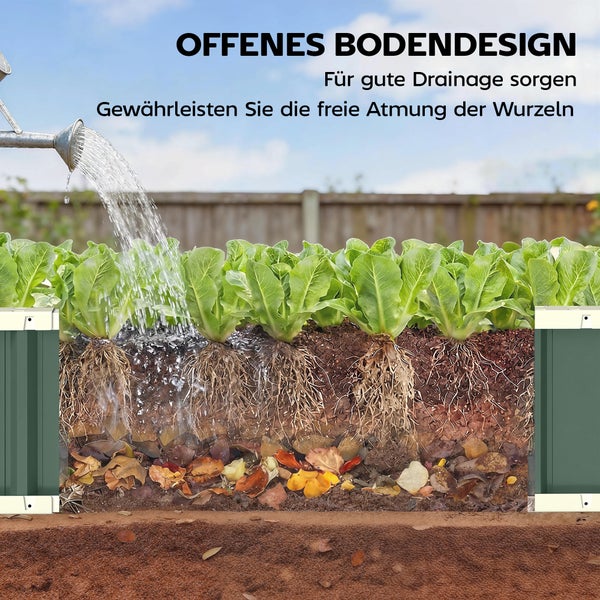 Querschnitt eines Hochbeets mit Salatpflanzen, zeigt offenes Bodendesign für optimale Drainage und Wurzelatmung beim Gießen.