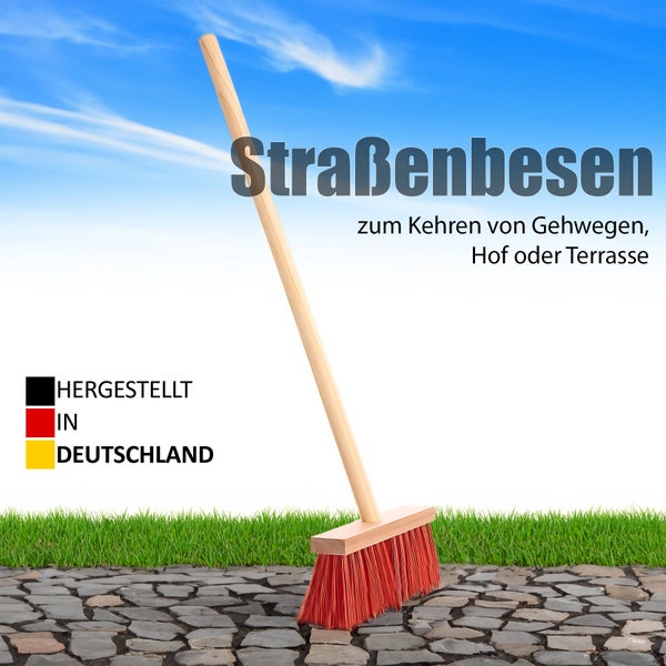 Straßenbesen mit Holzstiel zum Kehren von Wegen Hof oder Terrasse hergestellt in Deutschland