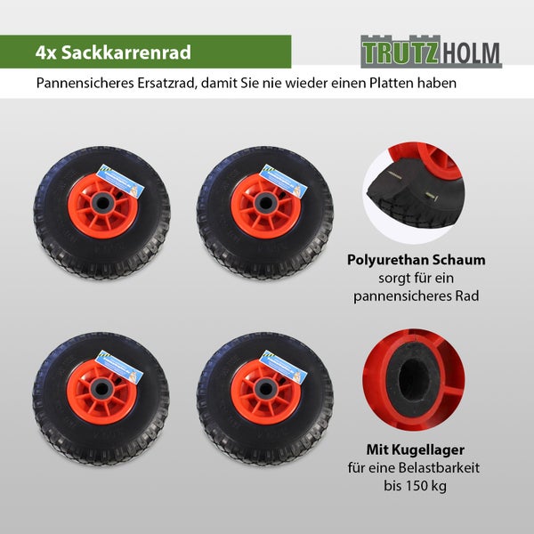 Set mit 4 pannensicheren Sackkarrenrädern aus Polyurethanschaum mit Kugellager, belastbar bis 150 Kilogramm, Trutzholm Logo