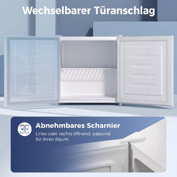 Gefrierschrank mit wechselbarem Türanschlag und abnehmbarem Scharnier für links- oder rechtsseitige Türöffnung.