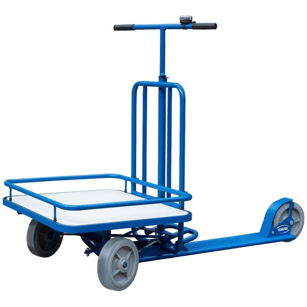 Blauer Schefer Transportroller mit weißer Ladefläche, drei grauen Rädern, Lenkstange mit Klingel und schwarzen Handgriffen.