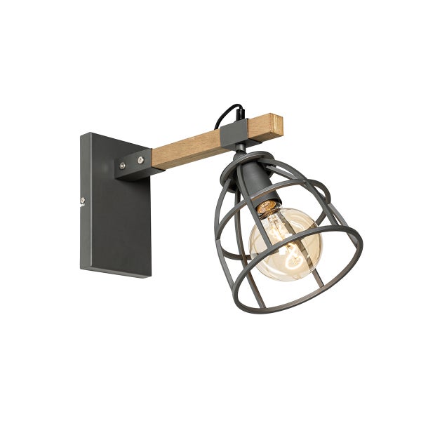 Wandleuchte im Industriedesign aus Metall und Holz mit einem käfigartigen Lampenschirm und einem Filament Leuchtmittel