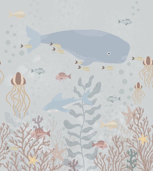 Illustration einer Unterwasserszene mit Wal, Hai, Fischen, Quallen, Seesternen, Korallen und Algen