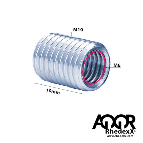 Gewindeeinsatz mit M10 Außengewinde und M6 Innengewinde, Länge 10 Millimeter. AQOR RhedexX Logo.
