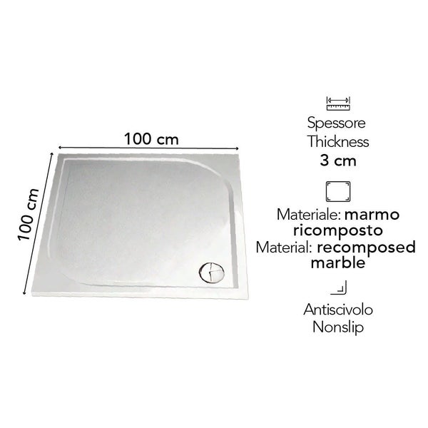 Quadratische Duschwanne aus Gussmarmor, 100 mal 100 Zentimeter, Stärke 3 Zentimeter, rutschfest.