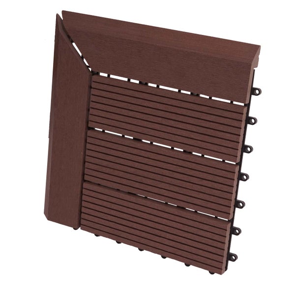 WPC-Terrassenfliese Klicksystem braun mit geriffelter Oberfläche und integriertem Kanten-Abschlussprofil.