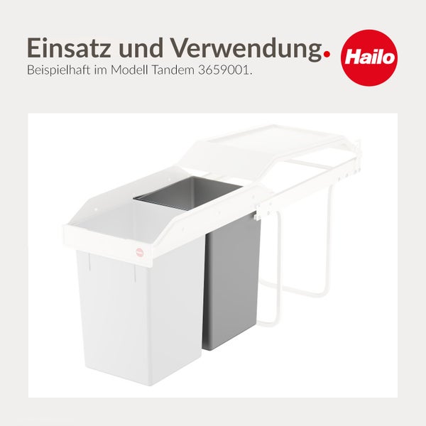 Hailo Tandem Abfalltrennsystem mit Auszugsrahmen und zwei Eimern. Hailo Logo.