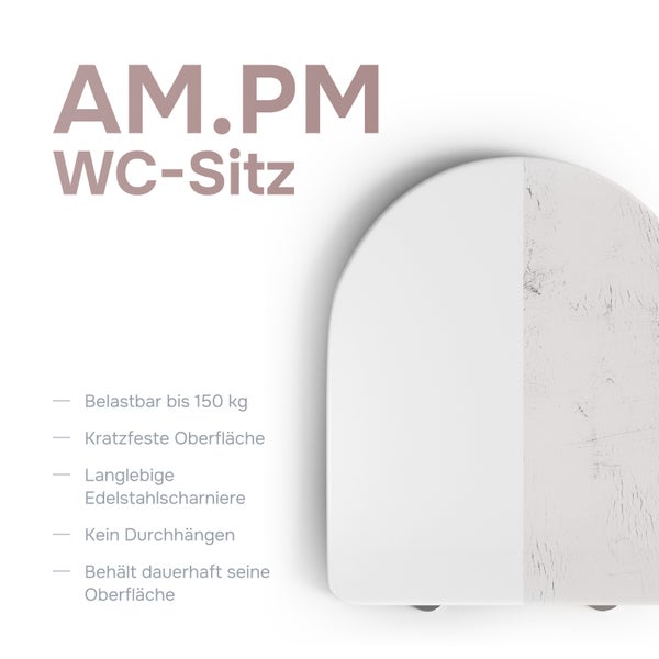 AM.PM WC-Sitz mit kratzfester Oberfläche und Edelstahlscharnieren, belastbar bis 150 Kilogramm.