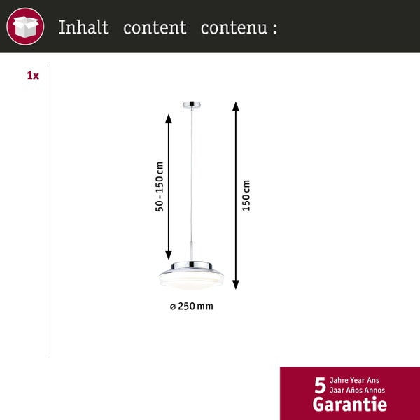 Pendelleuchte mit Maßen: Durchmesser 250 Millimeter, höhenverstellbar von 50 bis 150 Zentimeter, inklusive 5 Jahre Garantie.
