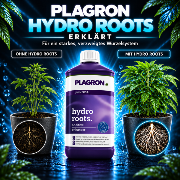 Plagron Hydro Roots Wurzelstimulator in einer Flasche zum Vergleich von Pflanzenwachstum ohne und mit Anwendung des Produkts.