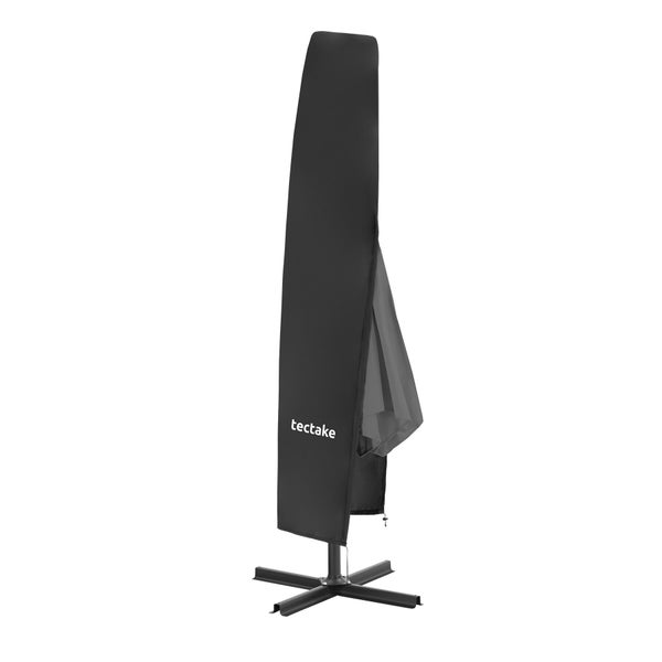 Schwarze tectake Schutzhülle für Ampelschirme, tectake Logo, Reißverschluss, auf einem Schirmständer.