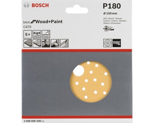 Bosch Schleifpapier P180, Durchmesser 150 mm, geeignet für Holz und Farbe