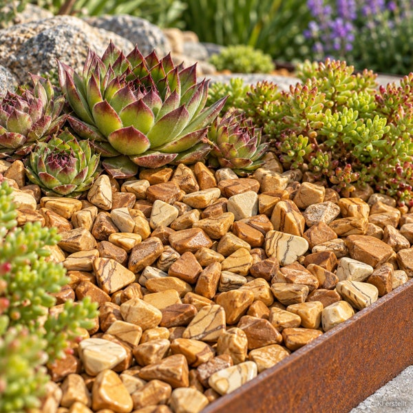 Gartengestaltung mit Zierkies, Steinbeet und Sukkulenten in einer Beeteinfassung aus Cortenstahl.